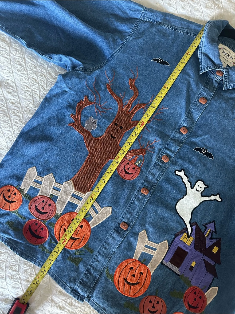 Vintage 90s Halloween Denim Button Up with Pumpkin Appliqués Embroidered Size XL - Picture 12 of 12